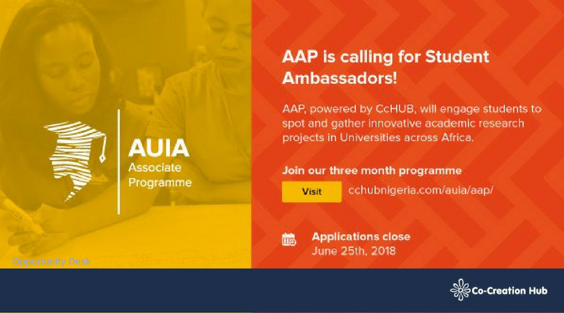Co-creation Hub’s AUIA Associate Programme seeks Student Ambassadors 2018