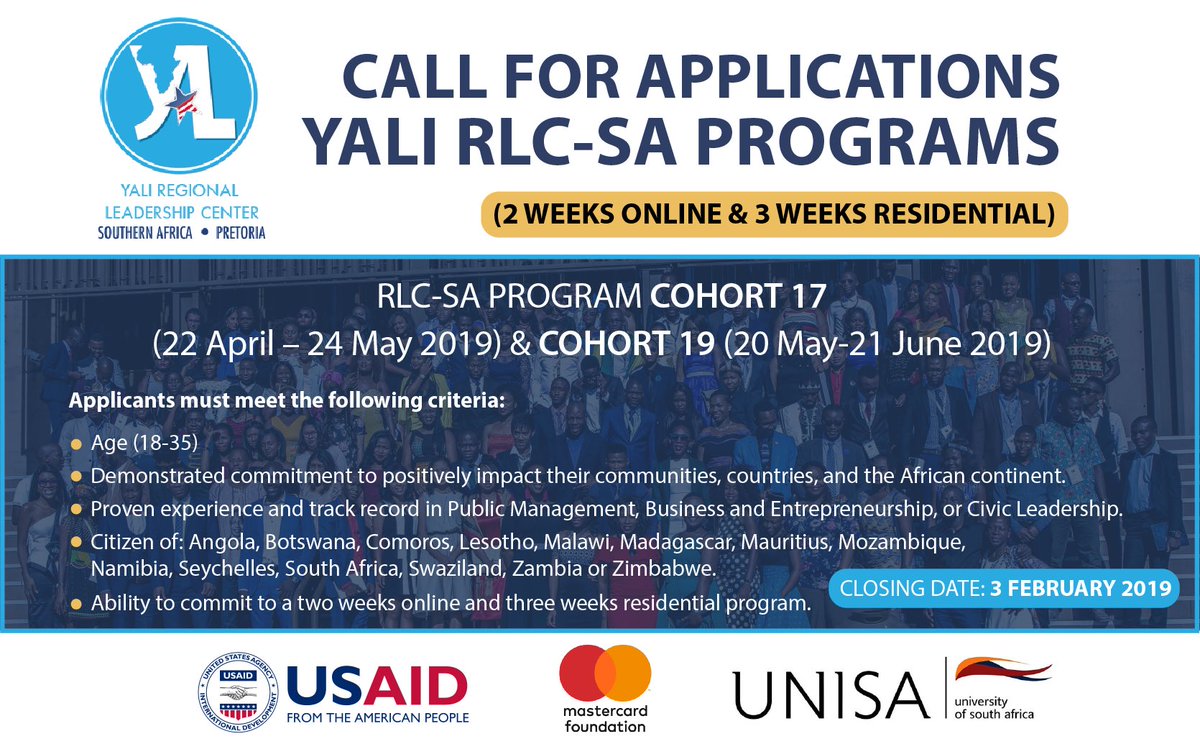 YALI Regional Leadership Centre Southern Africa 2019: Cohort 17 and 19 (Fully-funded)